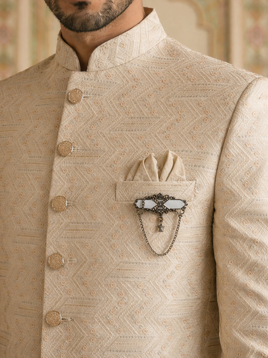 Jacquard Silk Indo-Western Set ( 50JIND S7W 137Cream S )