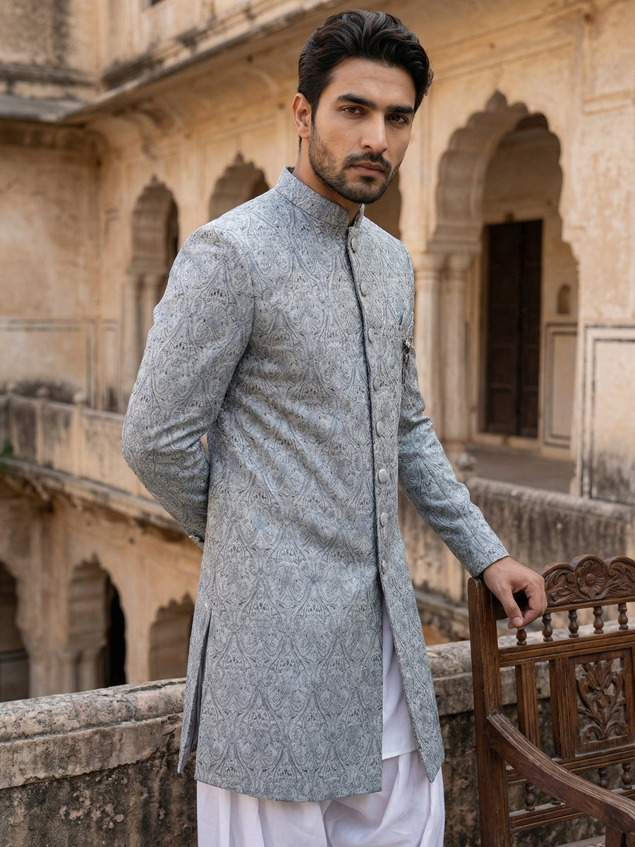 Paisley Jacquard Silk Indo-Western Set ( 50JIND S7W 168Grey S )