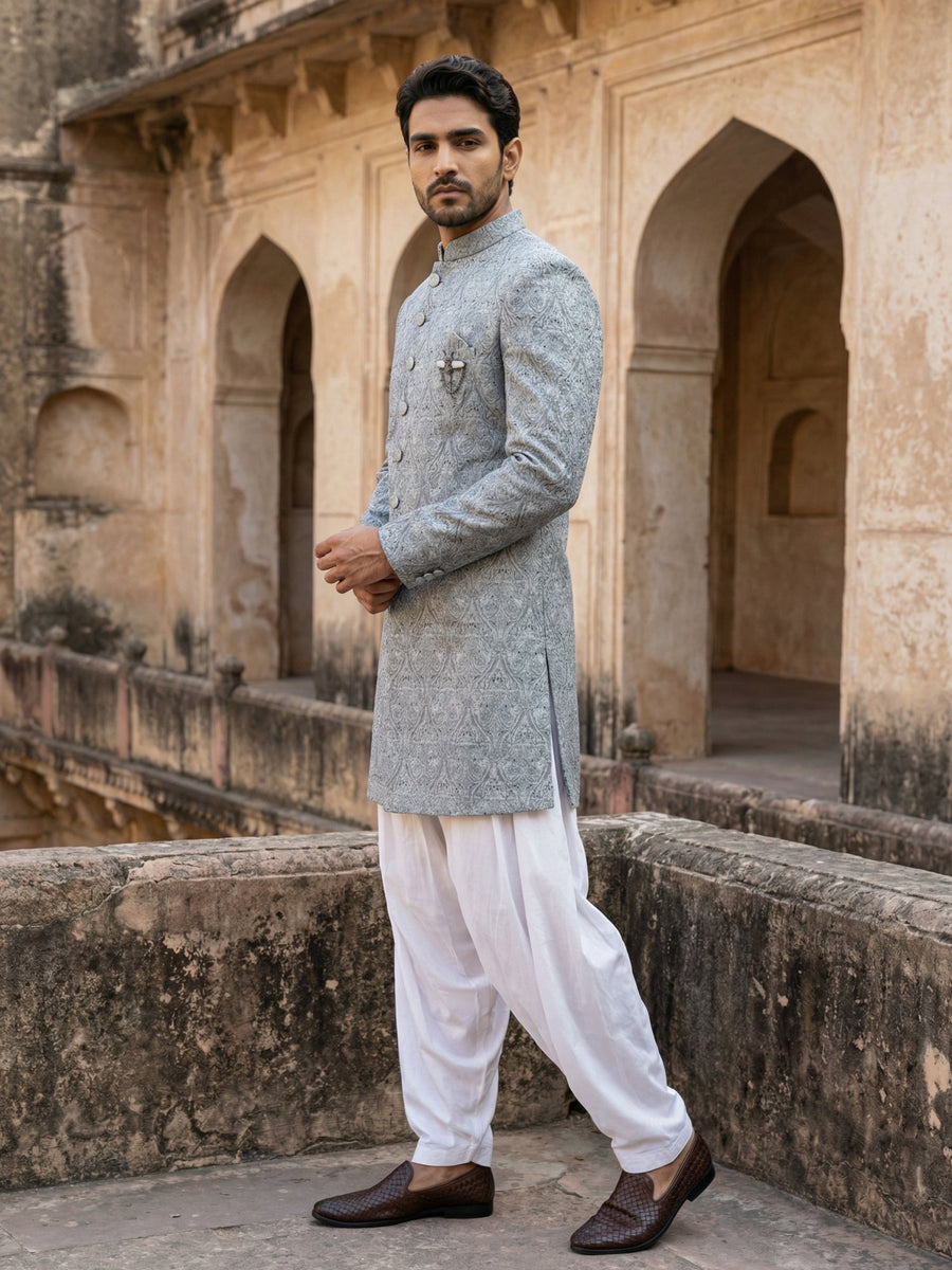 Paisley Jacquard Silk Indo-Western Set ( 50JIND S7W 168Grey S )