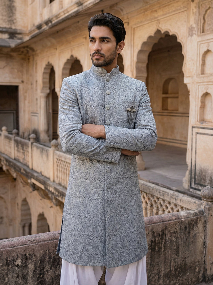 Paisley Jacquard Silk Indo-Western Set ( 50JIND S7W 168Grey S )
