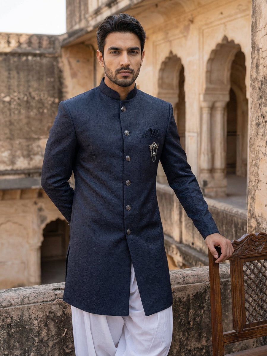 Silk Blend Woven Indo-Western Set ( 50JIND S7W 171Navy S )