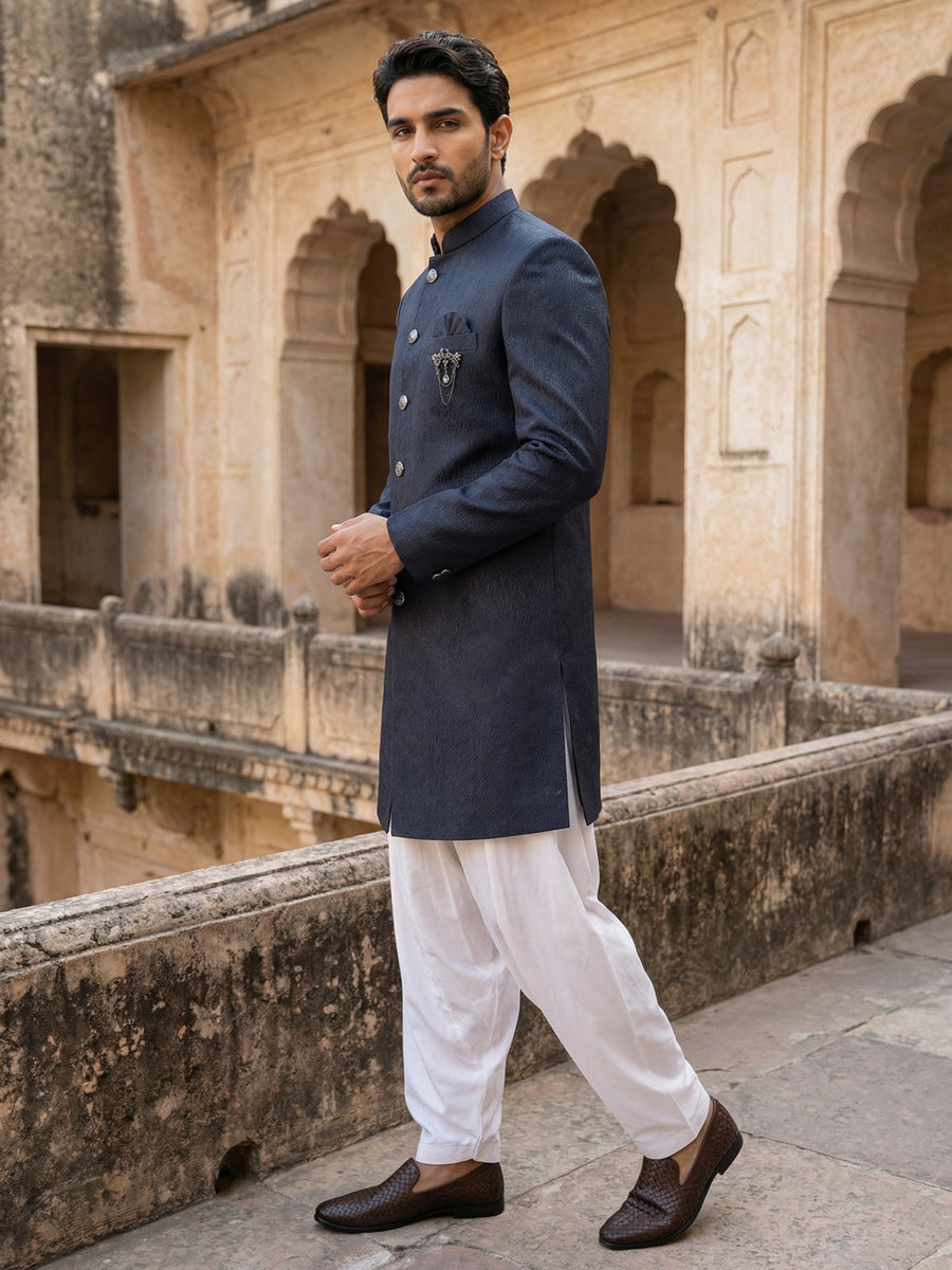 Silk Blend Woven Indo-Western Set ( 50JIND S7W 171Navy S )