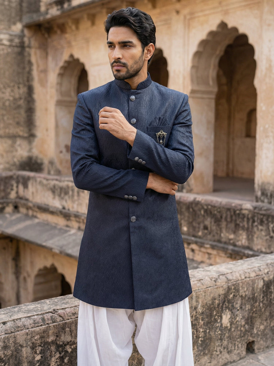 Silk Blend Woven Indo-Western Set ( 50JIND S7W 171Navy S )