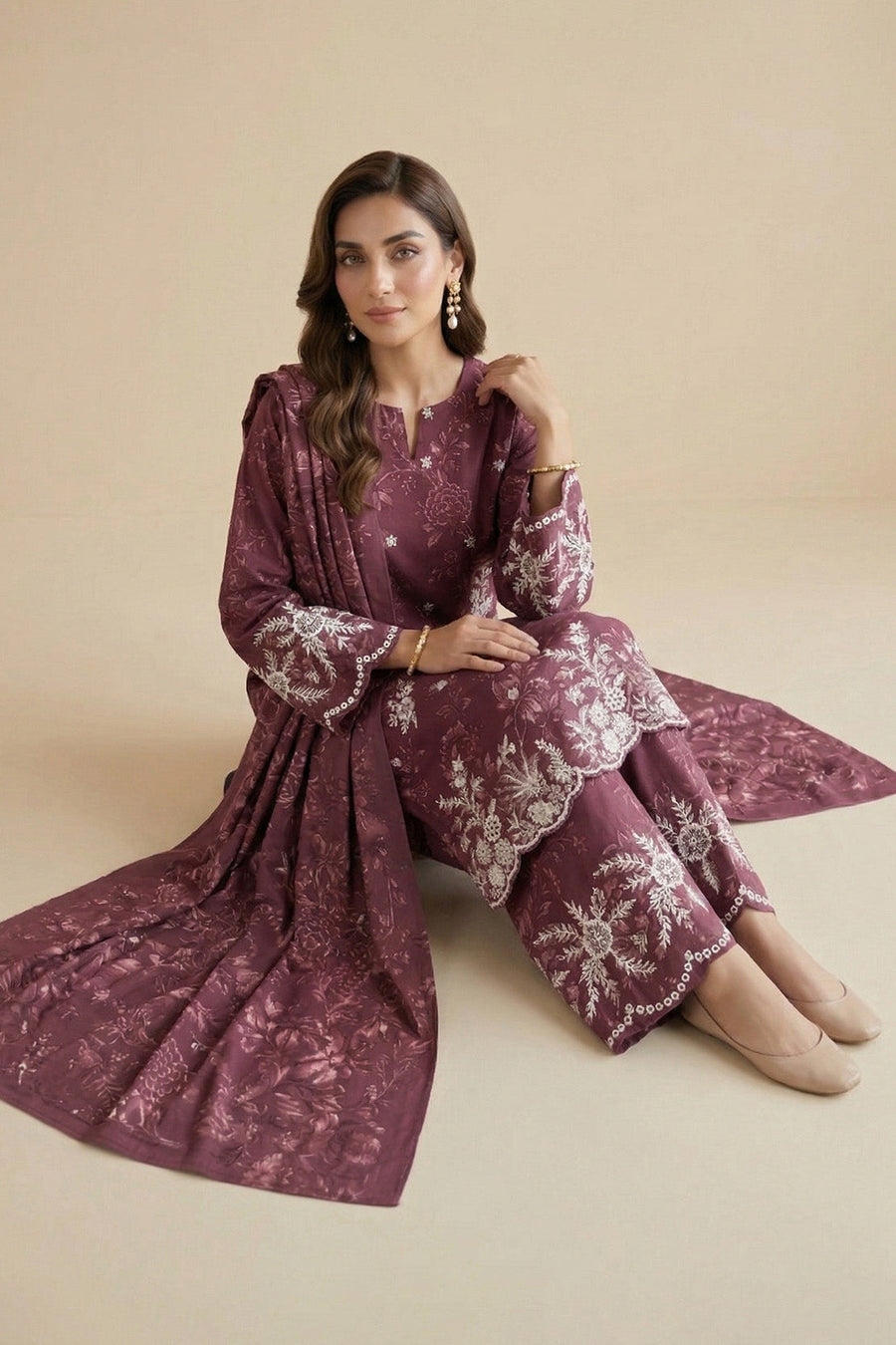 Plum Chikankari Lawn Ensemble – 3 Piece Suit