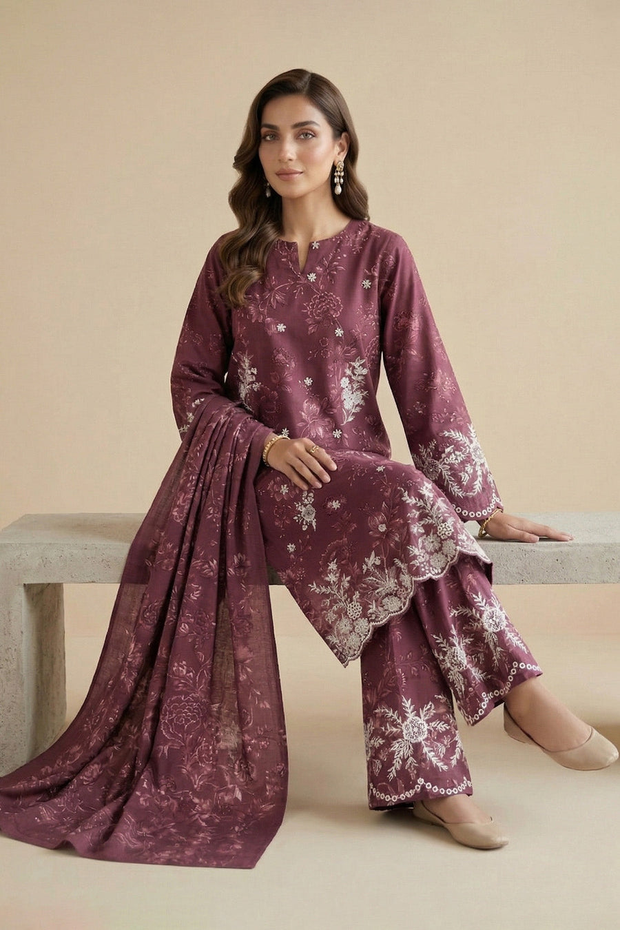 Plum Chikankari Lawn Ensemble – 3 Piece Suit