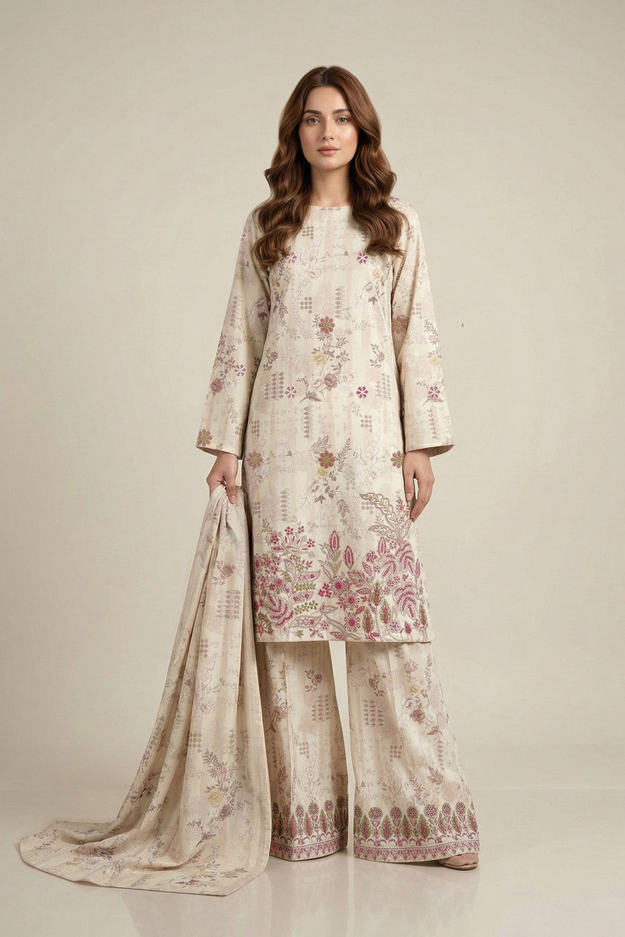 Cream Floral Chikankari Lawn Suit with Dupatta – 3PC Embroidered Dress