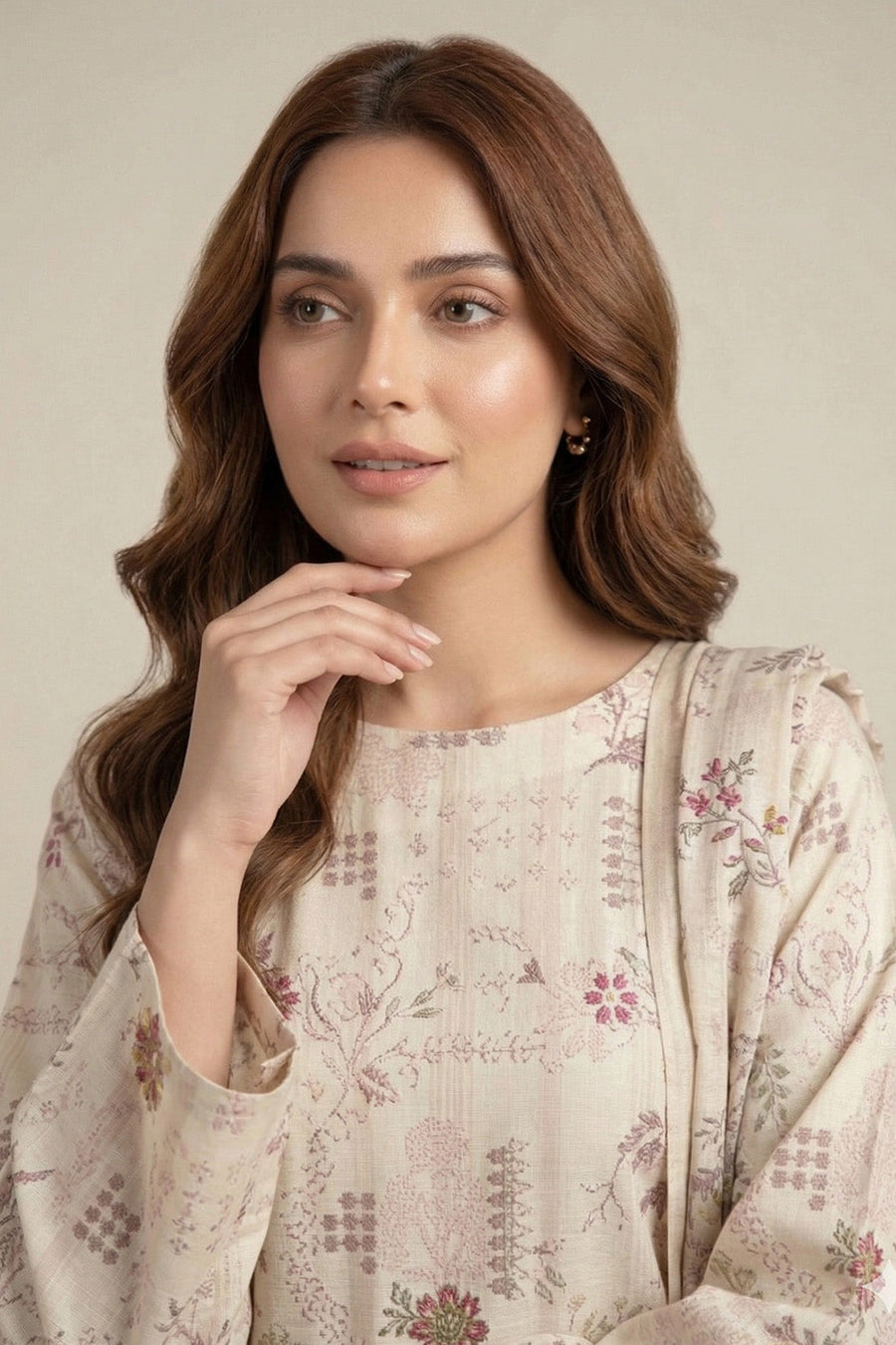 Cream Floral Chikankari Lawn Suit with Dupatta – 3PC Embroidered Dress