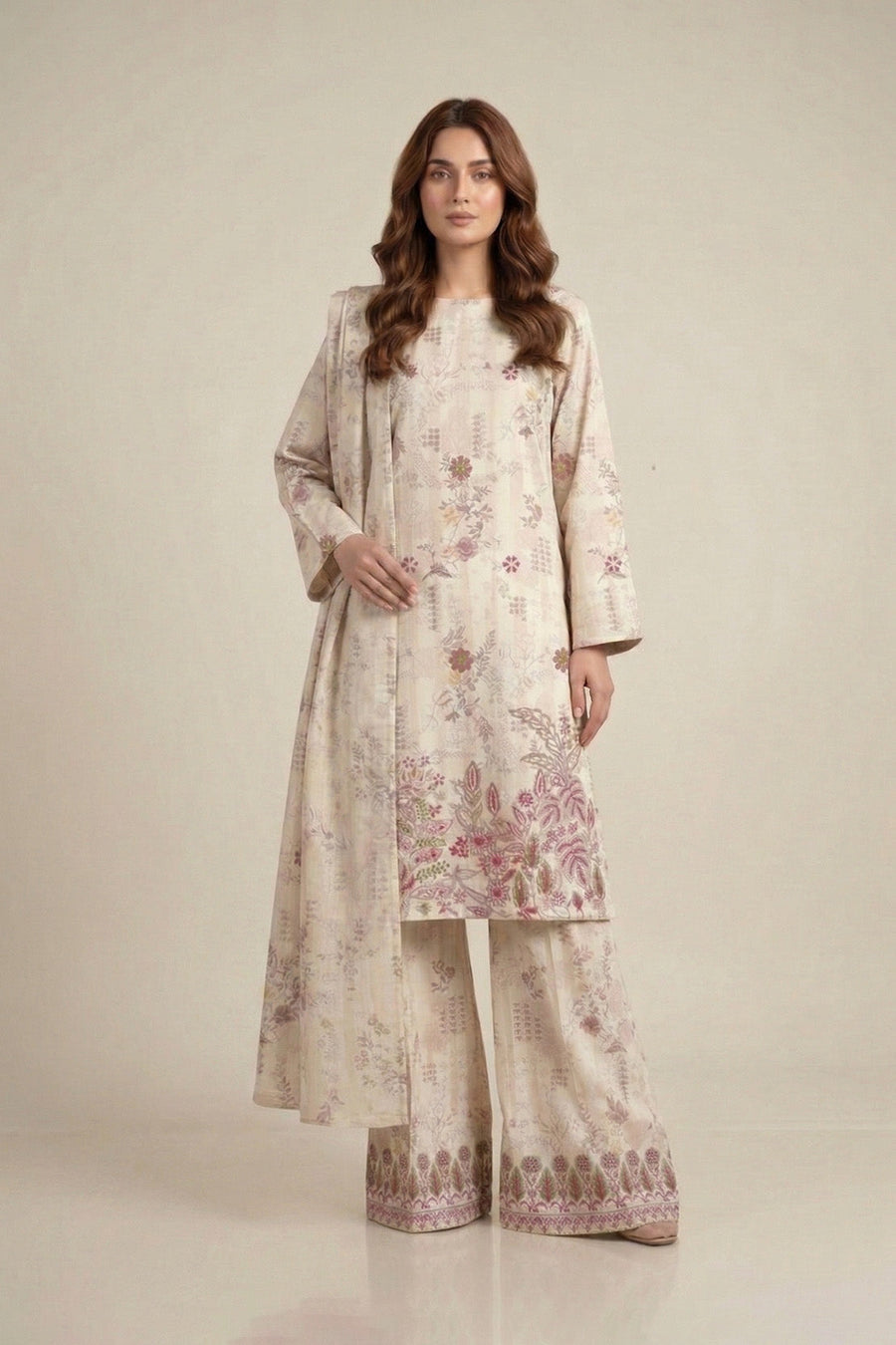 Cream Floral Chikankari Lawn Suit with Dupatta – 3PC Embroidered Dress