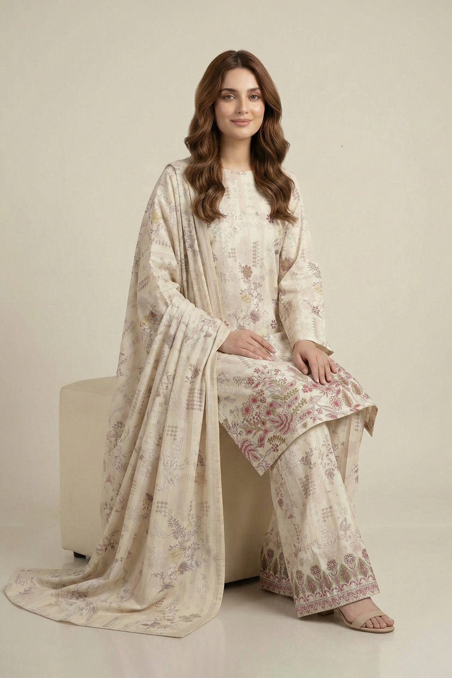 Cream Floral Chikankari Lawn Suit with Dupatta – 3PC Embroidered Dress