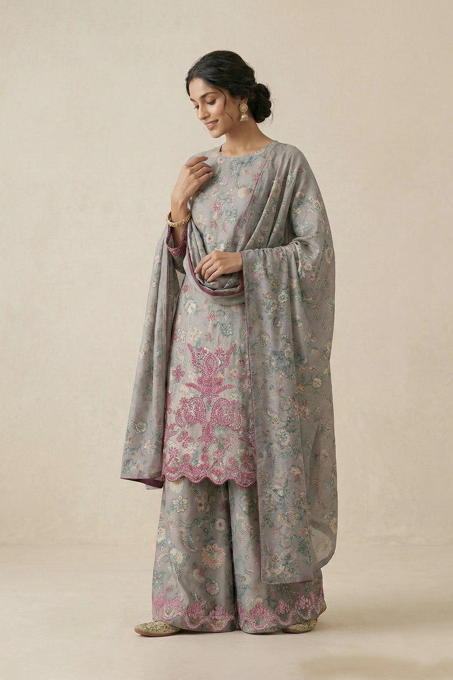 Silver Grey Chikankari Lawn Ensemble – 3 Piece Suit