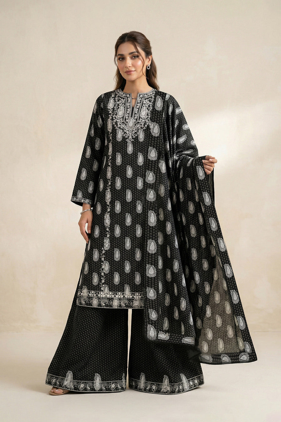 Black Chikankari Embroidered Lawn Suit with Dupatta – 3PC Dress