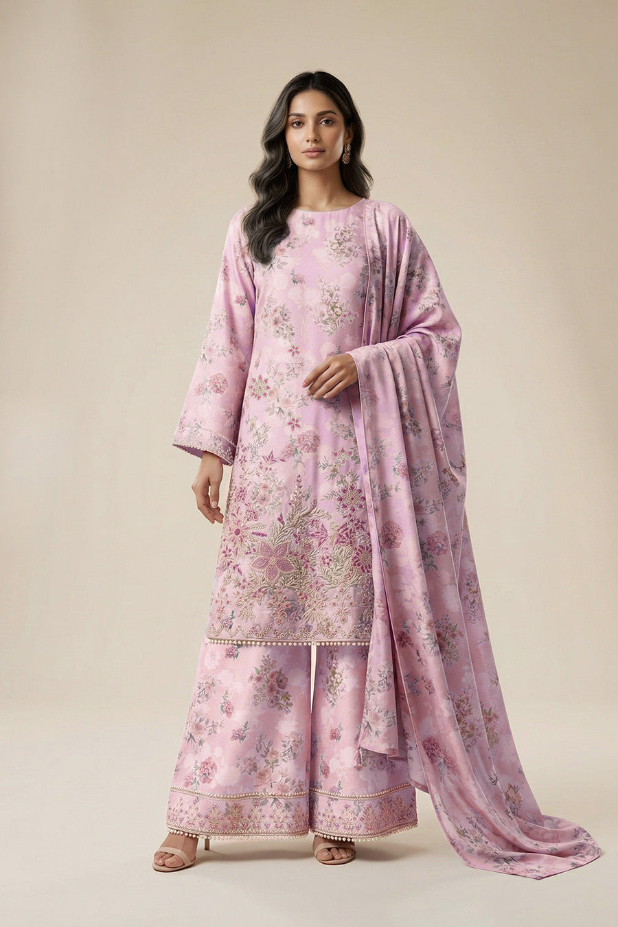 Lilac Floral Chikankari Lawn Suit with Dupatta – 3PC Embroidered Dress