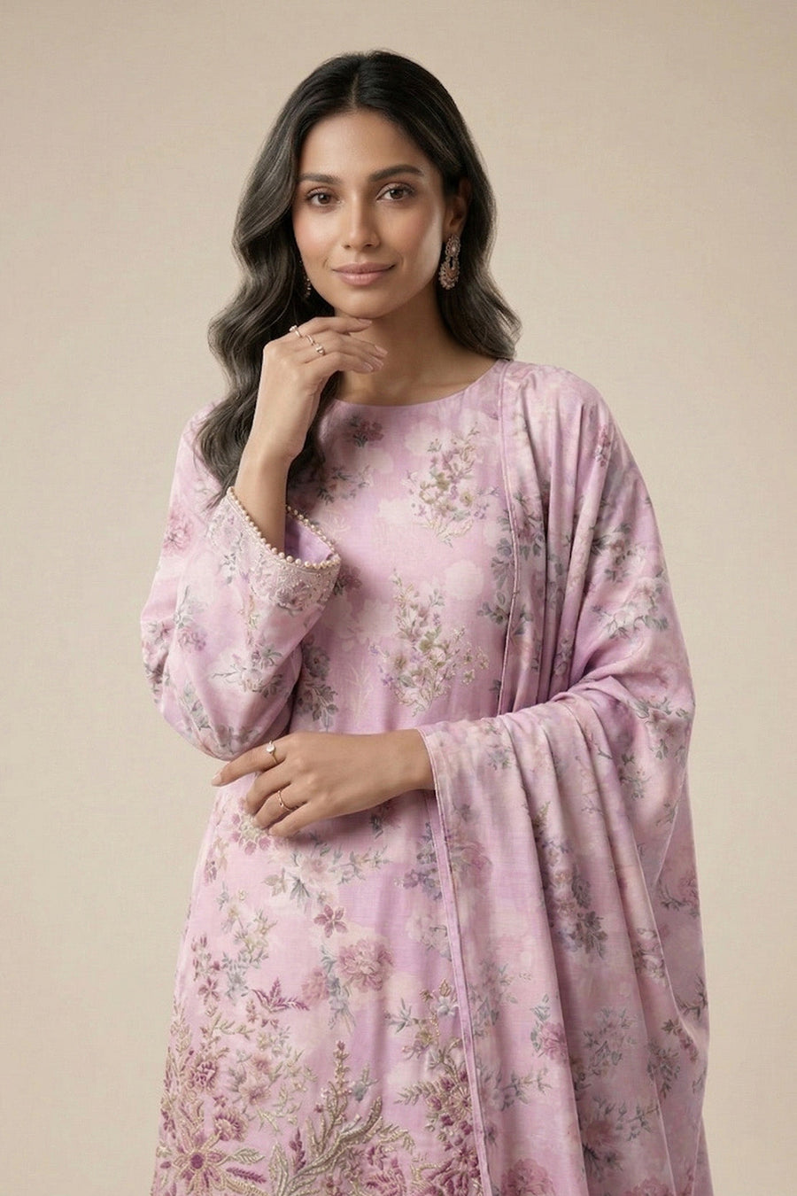 Lilac Floral Chikankari Lawn Suit with Dupatta – 3PC Embroidered Dress