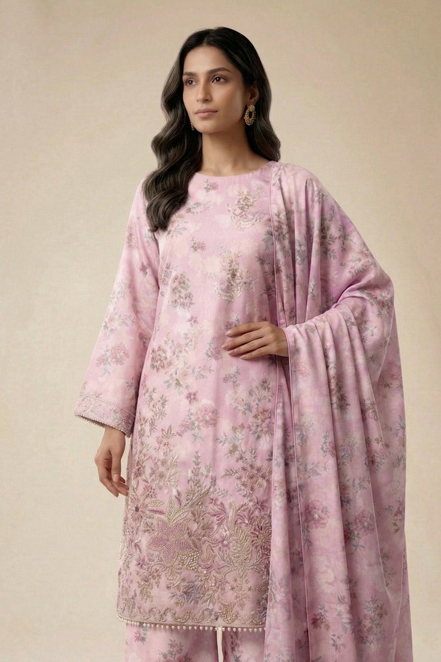 Lilac Floral Chikankari Lawn Suit with Dupatta – 3PC Embroidered Dress