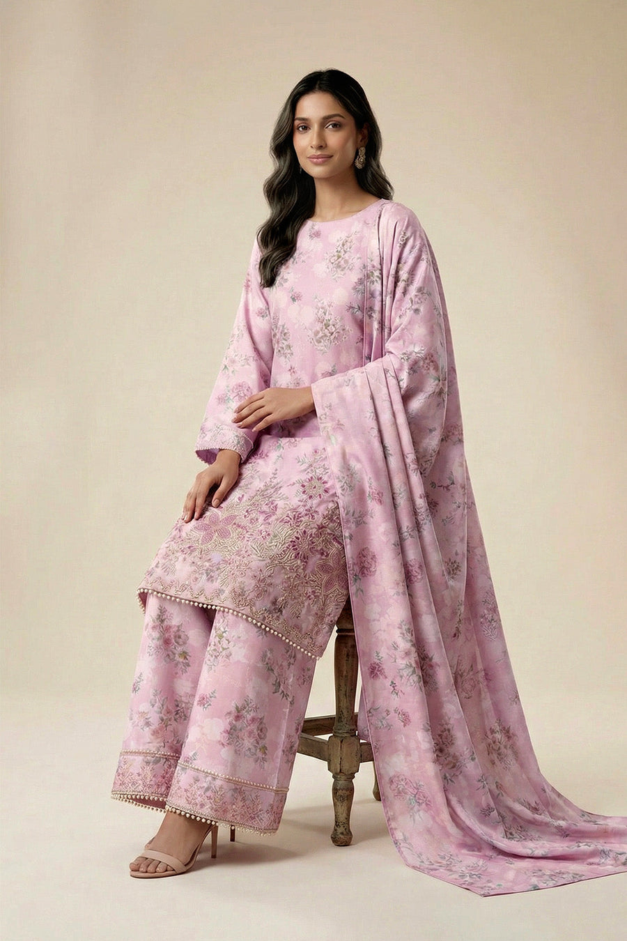 Lilac Floral Chikankari Lawn Suit with Dupatta – 3PC Embroidered Dress