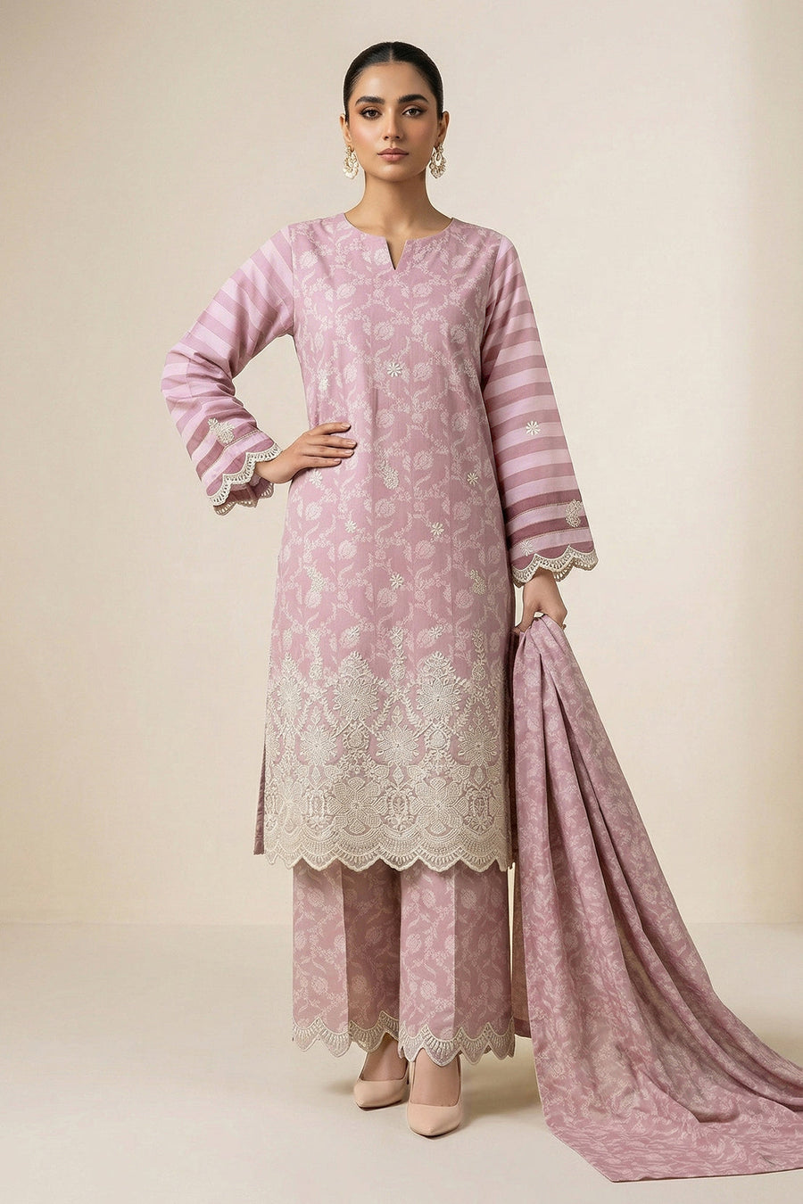 Pink Chikankari Embroidered Lawn Suit with Dupatta – 3PC Dress