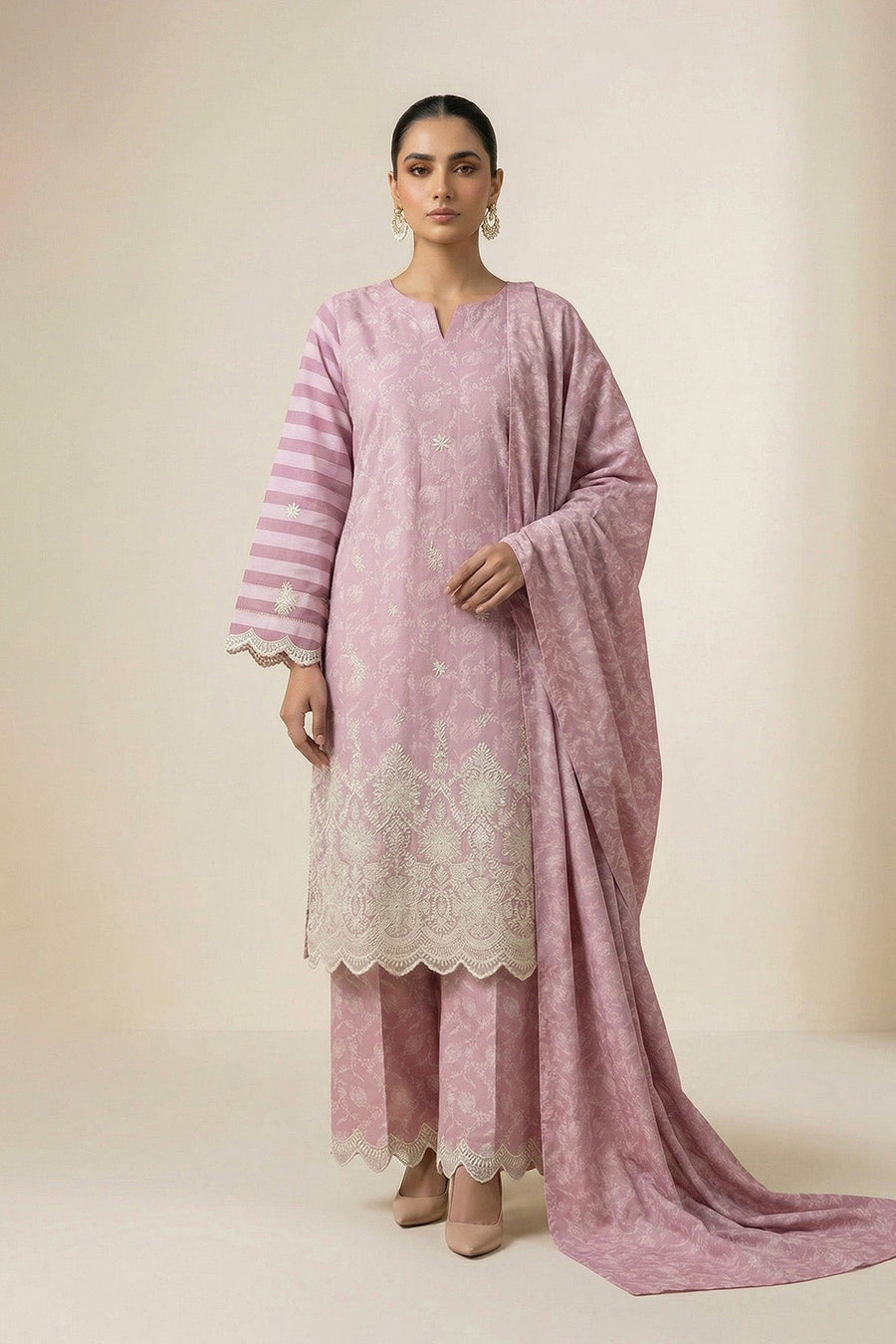 Pink Chikankari Embroidered Lawn Suit with Dupatta – 3PC Dress