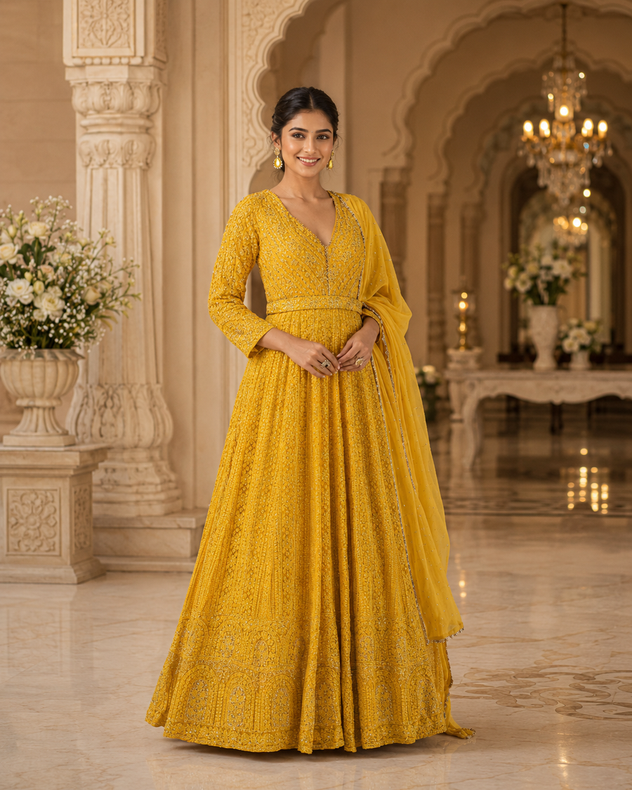 Golden Mustard Chikankari Anarkali Suit in Premium Real Georgette