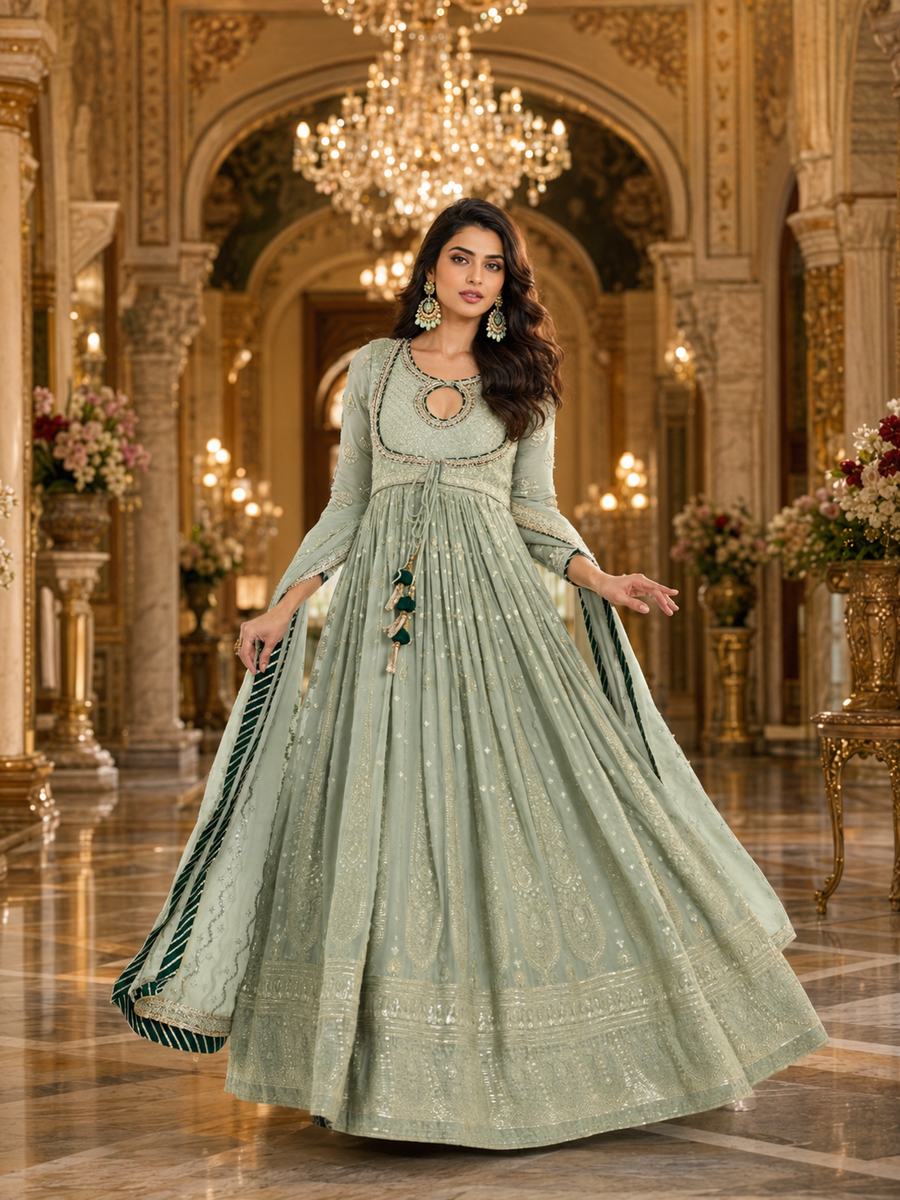 Mint Green Lucknowi Chikankari Georgette Anarkali Gown with Embroidered Dupatta