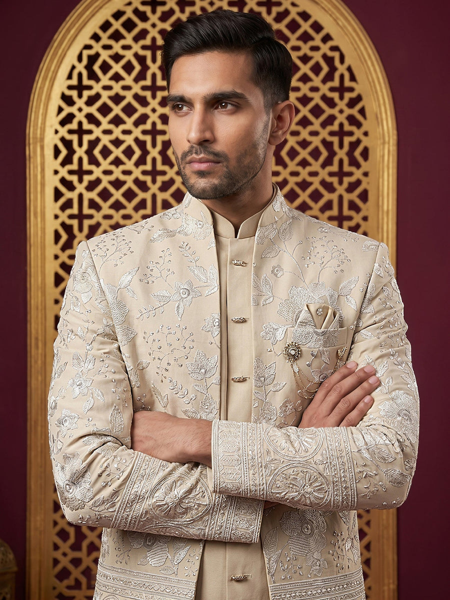 Silk Blend Floral Embroidered Indo-Western Set ( 50JIND 227Beige )