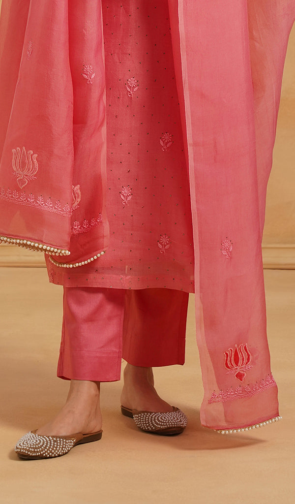 Women's Lucknowi Handcrafted Pure Organza Silk Stitched Chikankari Kurta, Dupatta With Pant Set