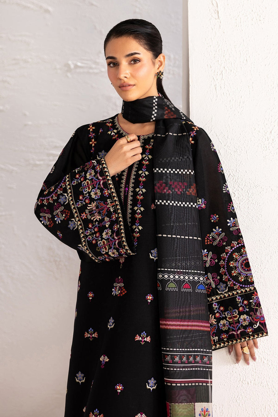 Black Multicolour Embroidered Lawn Suit with Silk Dupatta