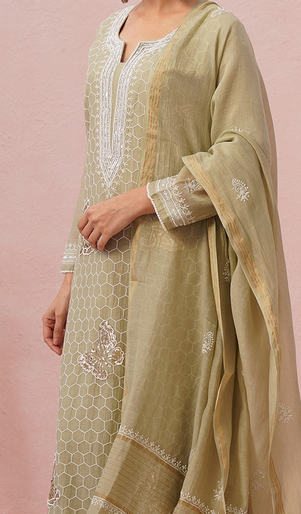 Women's Lakhnavi Handcrafted Mul Chanderi Chikankari Stitched Kurta, Dupatta And Pant Set - HONC0555586