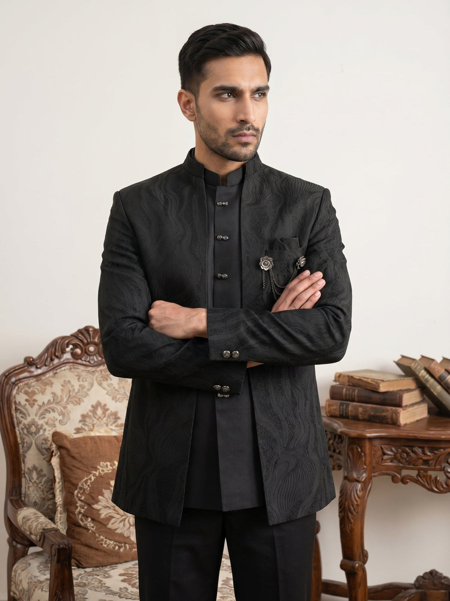 Men's Cotton Blend Embroidered Indo-Western Set ( 50JIND 218Black )