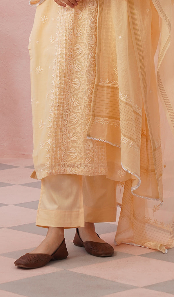 Women's Lakhnavi Handcrafted Mul Chanderi Chikankari Stitched Kurta, Dupatta And Pant Set - HONC0457995