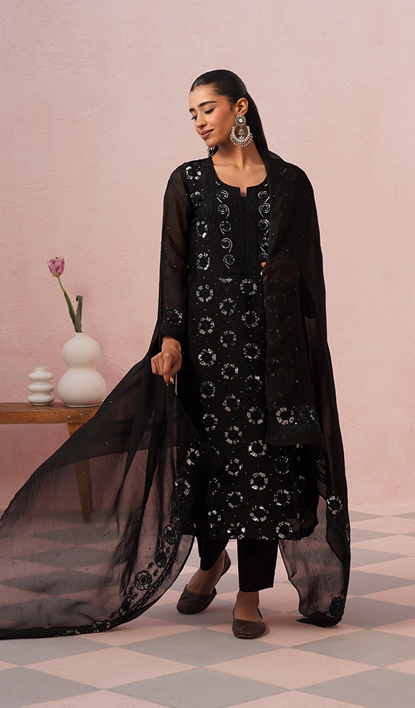 Women's Lucknowi Handcrafted Pure Organza Silk Stitched Chikankari Kurta, Dupatta With Pant Set