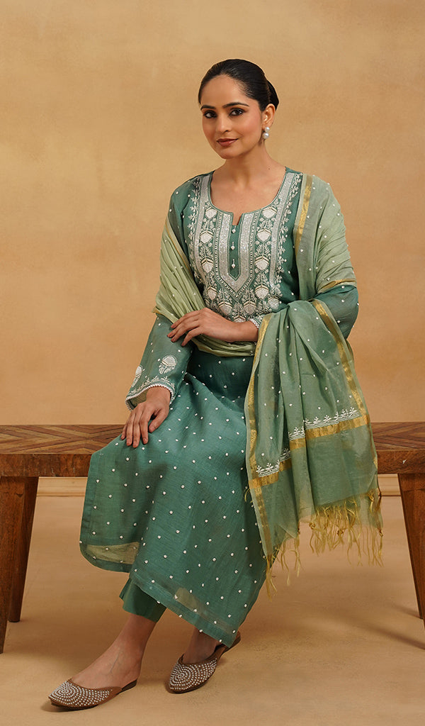 Women's Lakhnavi Handcrafted Mul Chanderi Chikankari Stitched Kurta, Dupatta And Pant Set
