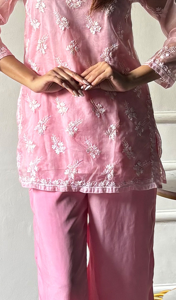 Women's Lucknowi Handcrafted Organza  Stitched Chikankari Kurta And Plazzo Set - Pehnaawaa