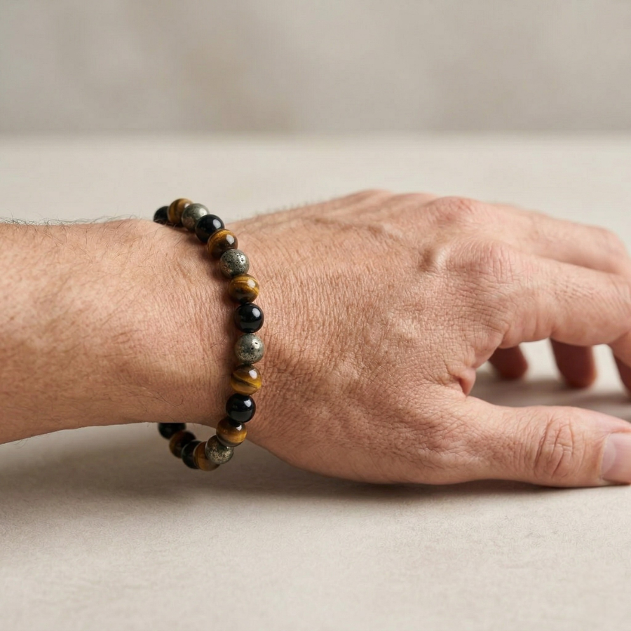 Triple Protection Bracelet – Natural Hematite, Tiger Eye & Black Obsidian Beaded Bracelet for Protection, Strength & Positive Energy