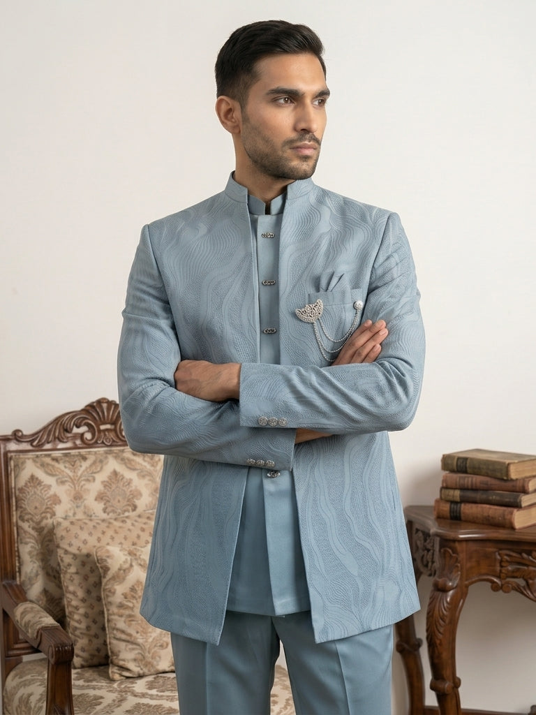 Men's Cotton Blend Embroidered Indo-Western Set ( 50JIND 218Sky )