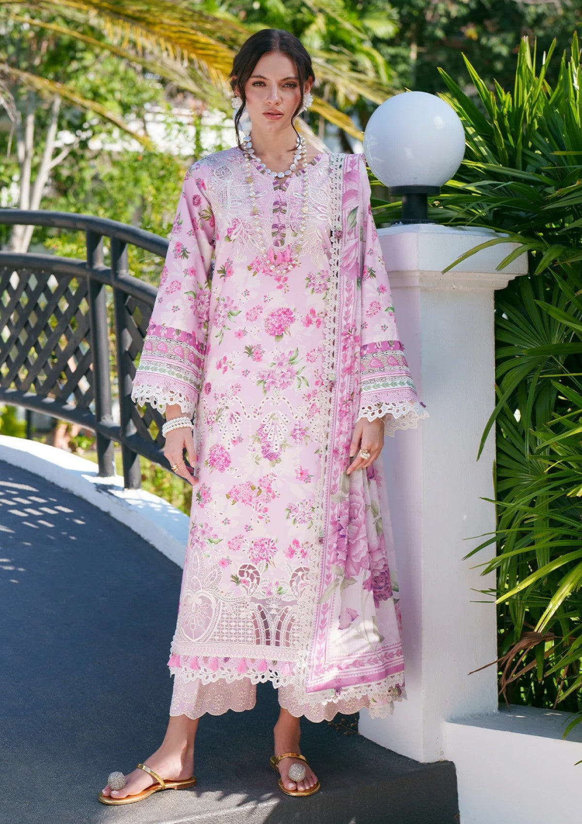 Rumi Pink Floral Printed Chikankari Lawn Suit with Chiffon Dupatta