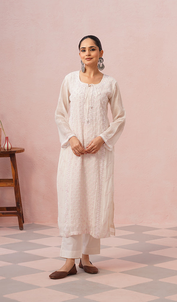 Saziya Women's Lakhnavi Handcrafted Mul Chanderi Chikankari Stitched Kurta, Dupatta And Pant Set - HONC01327945