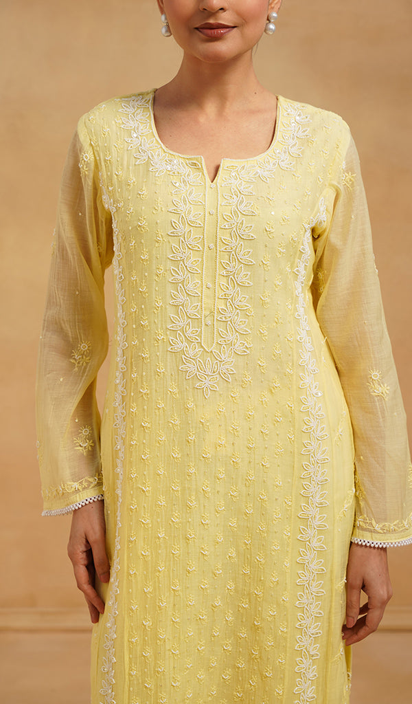 Saziya Women's Lakhnavi Handcrafted Mul Chanderi Chikankari Stitched Kurta, Dupatta And Pant Set