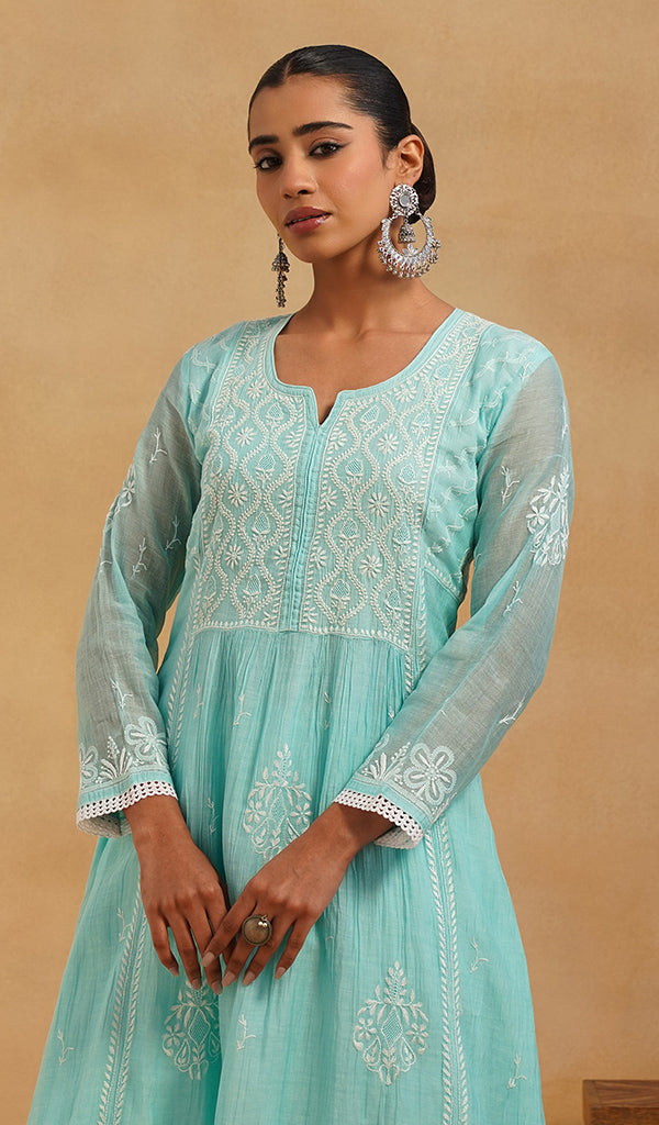 Women's Lakhnavi Handcrafted Mul Chanderi Chikankari Stitched Kurta, Dupatta And Pant Set - HONC0824547 - Pehnaawaa