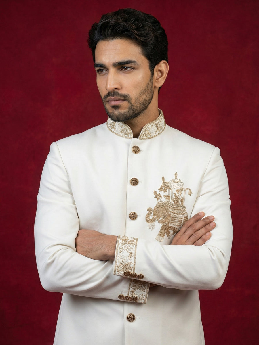 Japanese Embroidered Indo-Western Set ( 50JIND 156White S )