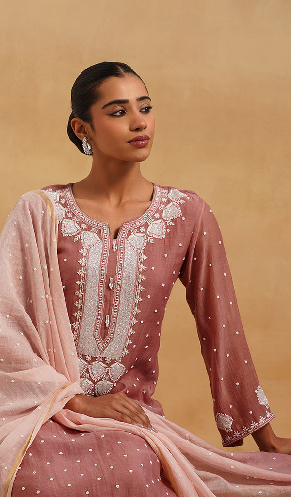 Jazba Women's Lakhnavi Handcrafted Mul Chanderi Chikankari Stitched Kurta, Dupatta And Pant Set