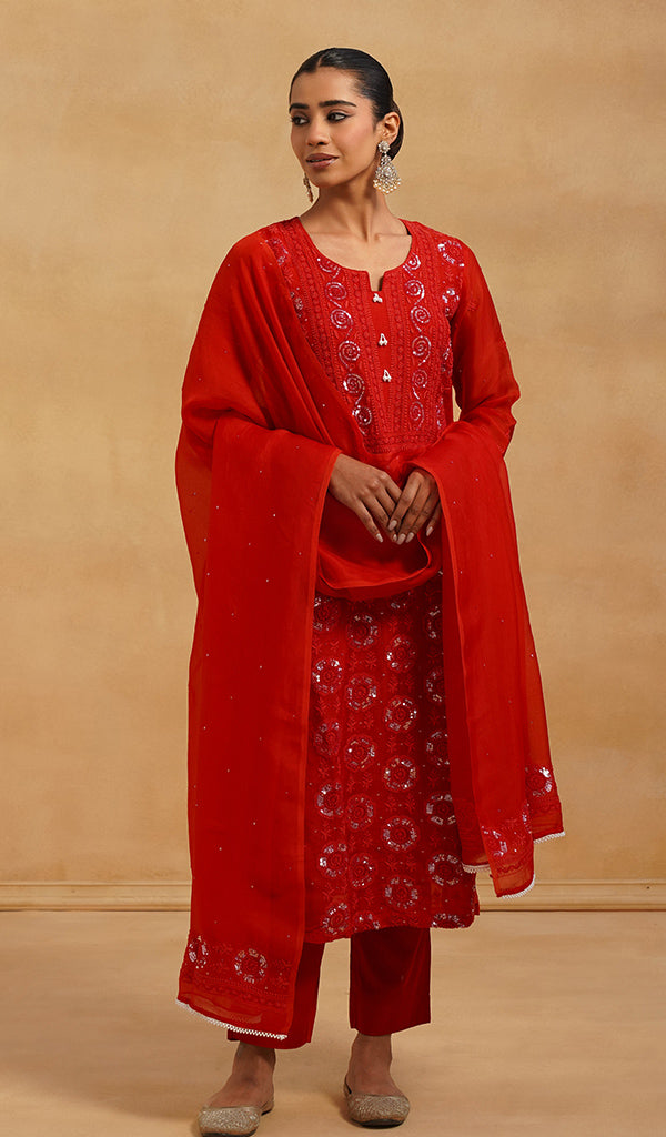 Women's Lucknowi Handcrafted Pure Organza Silk Stitched Chikankari Kurta, Dupatta With Pant Set