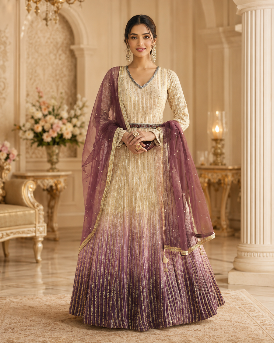 Plum Ombre Real Georgette Chikankari Anarkali Suit with Dupatta