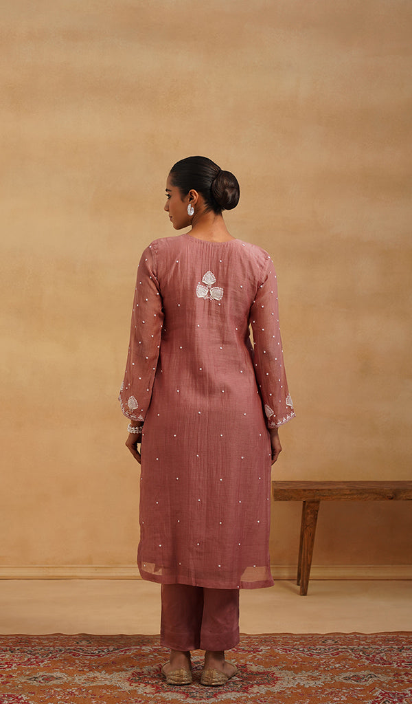 Jazba Women's Lakhnavi Handcrafted Mul Chanderi Chikankari Stitched Kurta, Dupatta And Pant Set