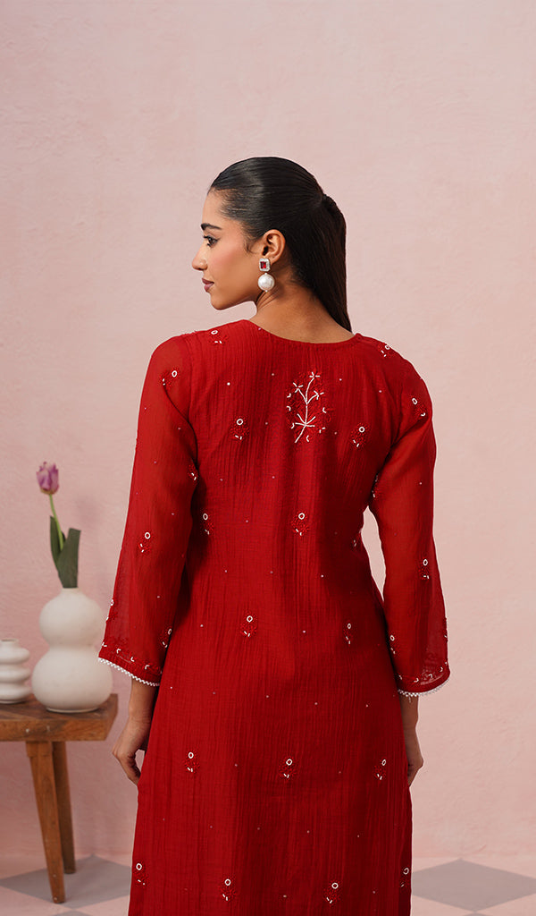 Saziya Women's Lakhnavi Handcrafted Mul Chanderi Chikankari Stitched Kurta, Dupatta And Pant Set