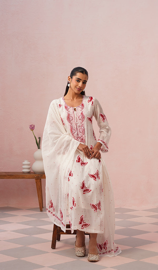 Titlee Women's Lakhnavi Handcrafted Mul Chanderi Chikankari Stitched Kurta, Dupatta And Pant Set