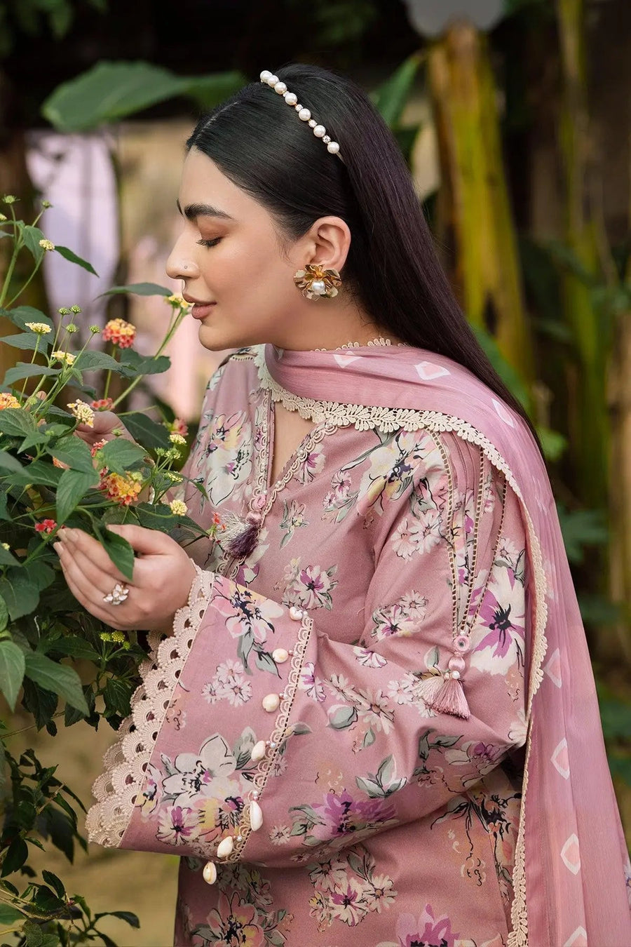 Dusty Pink Floral Printed Lawn Suit with Chiffon Dupatta