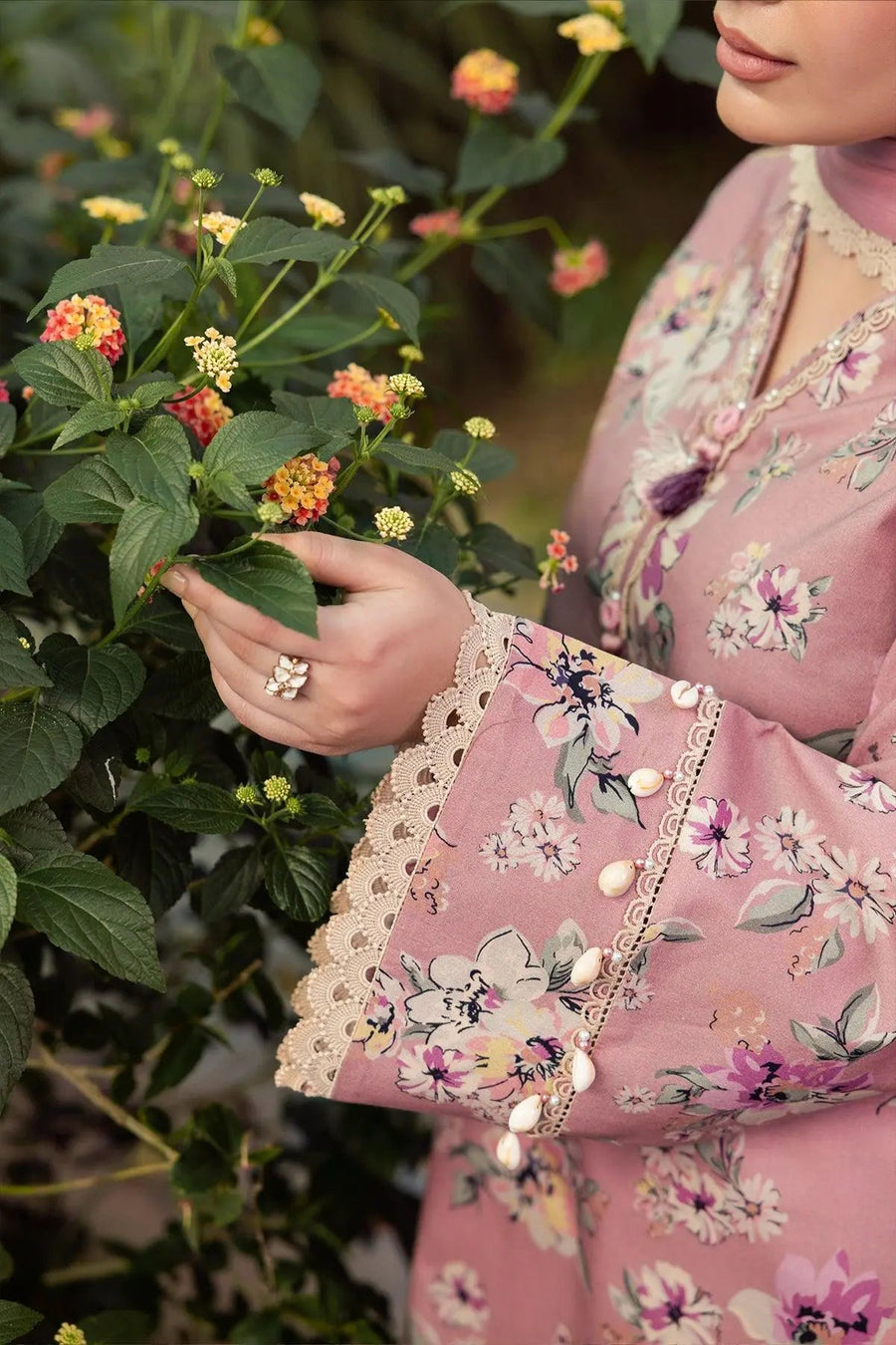 Dusty Pink Floral Printed Lawn Suit with Chiffon Dupatta