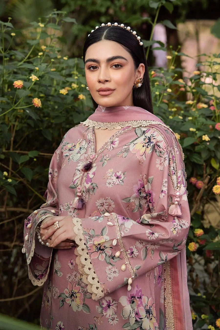 Dusty Pink Floral Printed Lawn Suit with Chiffon Dupatta
