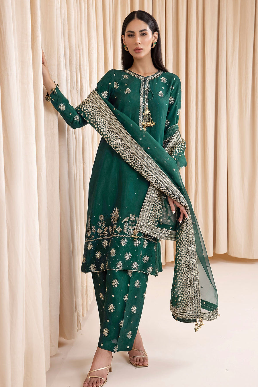 Embroidered Raw Silk 3-Piece Formal Suit with Organza Dupatta