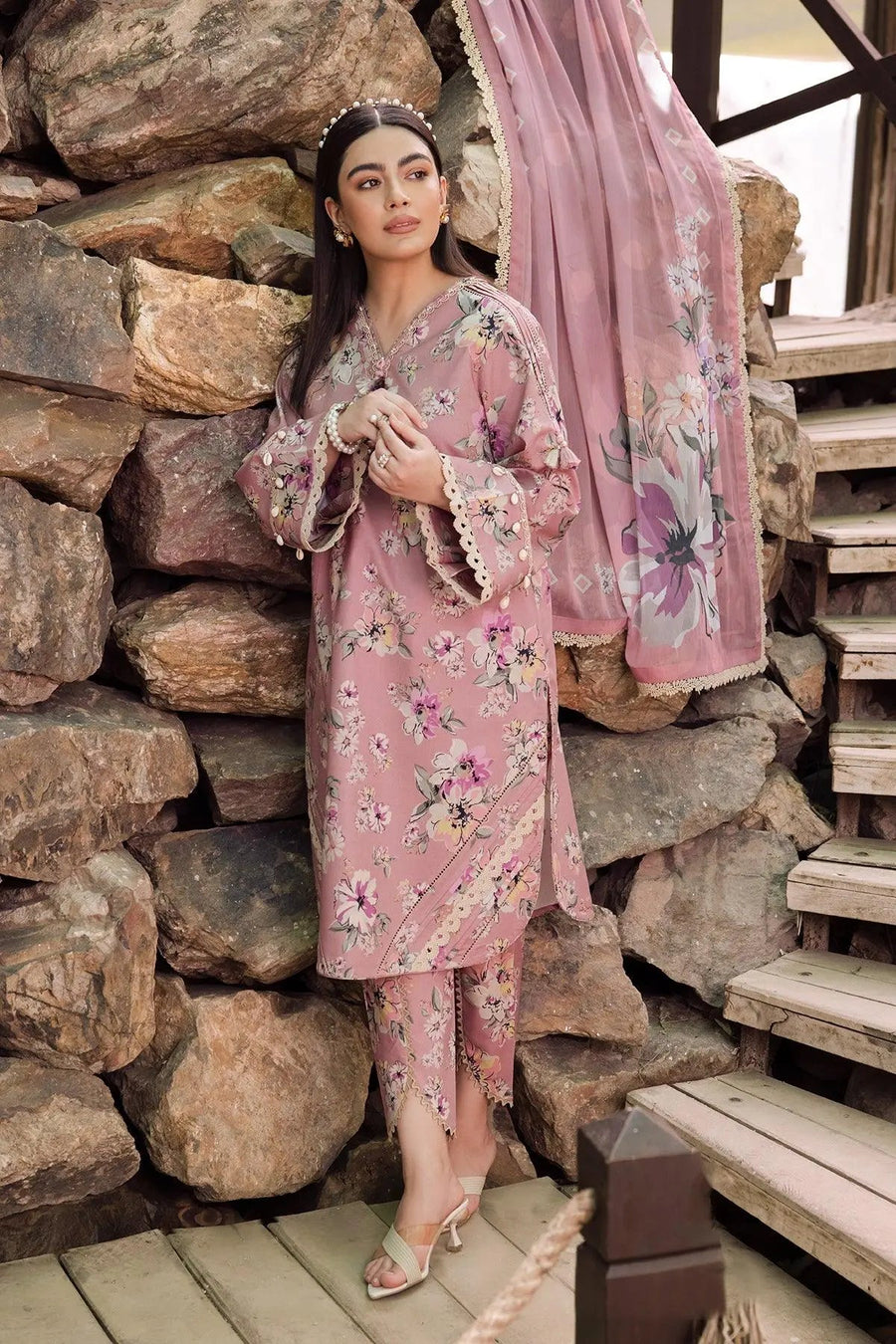 Dusty Pink Floral Printed Lawn Suit with Chiffon Dupatta